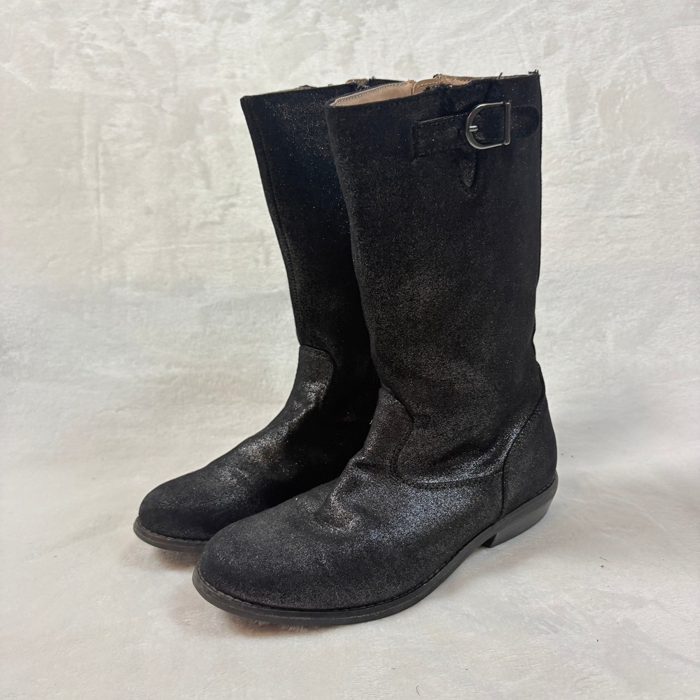Hanna Andersson Glitter Tall Boots Kids Black Good Shimmer Biker‎ Moto Buckle